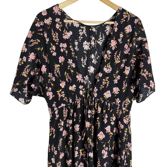 Les Reveries Black Floral Printed Short Sleeve A-Line Silk Midi Dress Size 4 - Picture 9 of 14